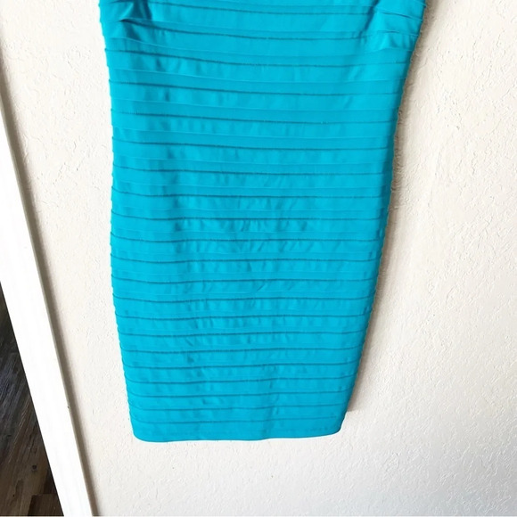 ADRIANNA Papell Stretchy Ribbed Square Neck Sheath Dress in Turquoise 10 - Picture 5 of 9